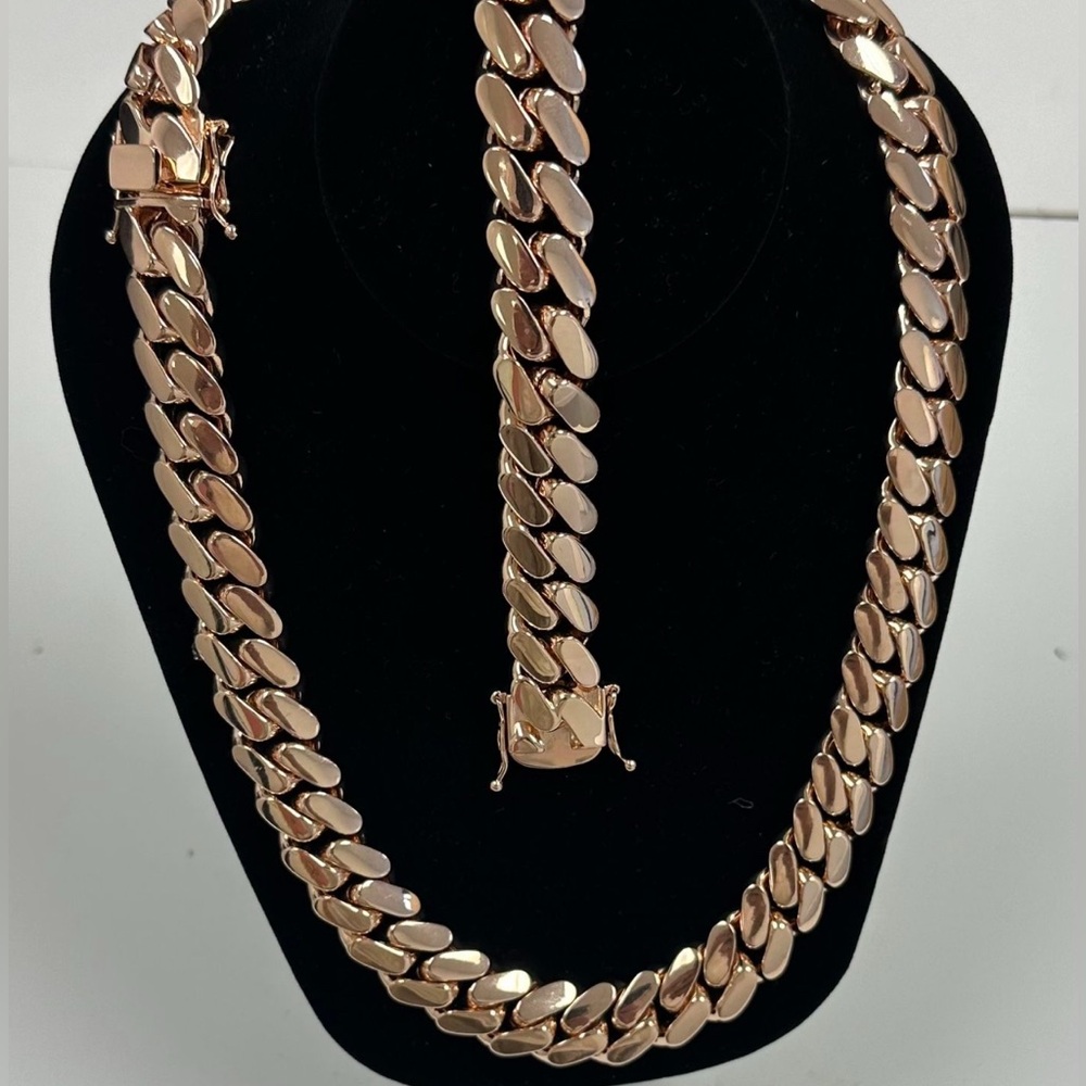 Set Chain & Bracelet 20mm Miami Cuban Link Pink Red Rose Gold Plated Chain